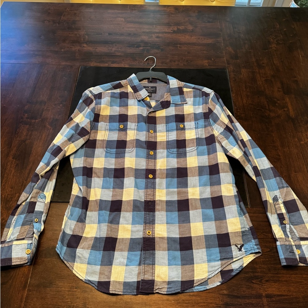American Eagle Outfitters Navy and Light Blue Plaid Shirt